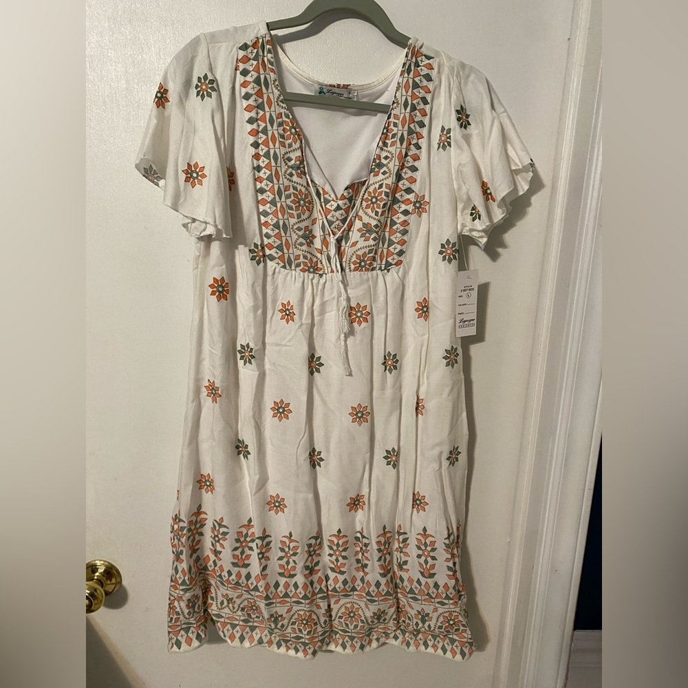 Floral Embroidered Mini Dress - White and Orange